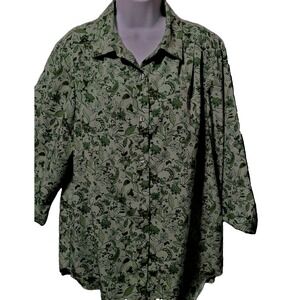 Woman Within  Top Blouse 18/20 Green Floral Tropical Beachy Button Up 3/4 Sleeve